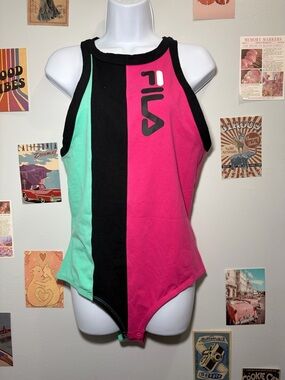 Fila Colorblock Bodysuit in Hot Pink, Black & Mint